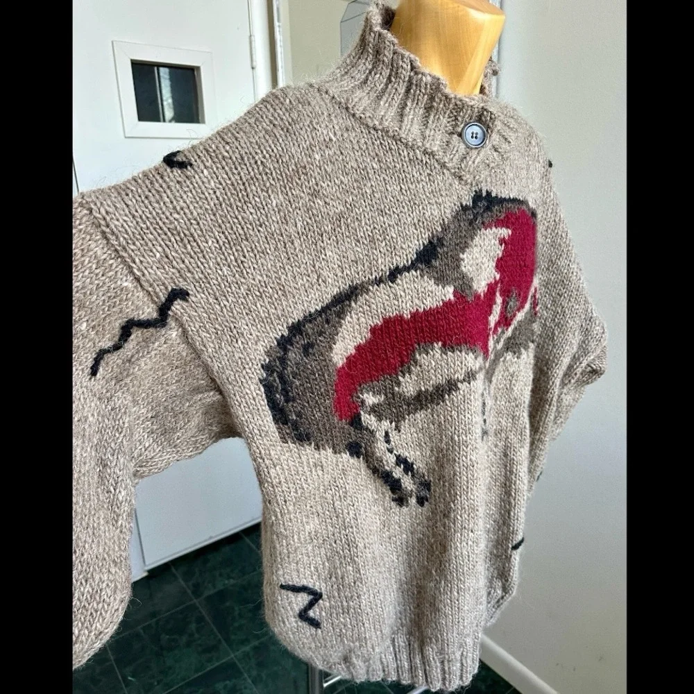 VINTAGE 1990s HANDKNIT ICELANDIC WOOL MENS SWEATER PREHISTORIC CAVE PAINTING XXL - Picture 3 of 8